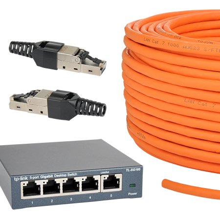 Netzwerk-Set "DIY" 5-Port Switch + 2 Netzwerkstecker + Cat.7 Kabel 50 m