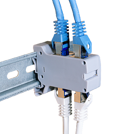 Patchkabelverbinder für Hutschiene mit 2 RJ45 Doppelbuchsen Cat.6a