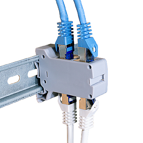Produktbild von Patchkabelverbinder für Hutschiene mit 2 RJ45 Doppelbuchsen Cat.6a