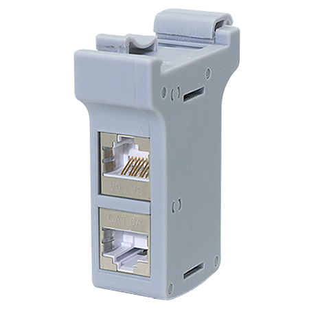 Patchkabelverbinder für Hutschiene mit 2 RJ45 Doppelbuchsen Cat.6a