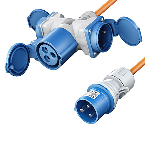 Camping Kabel Verteiler CEE-Stecker auf CEE-Kupplung + 2x Schuko 10 m